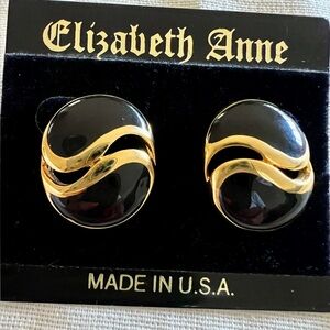 Elizabeth Anne pierced earrings, vintage black and gold. Vintage.